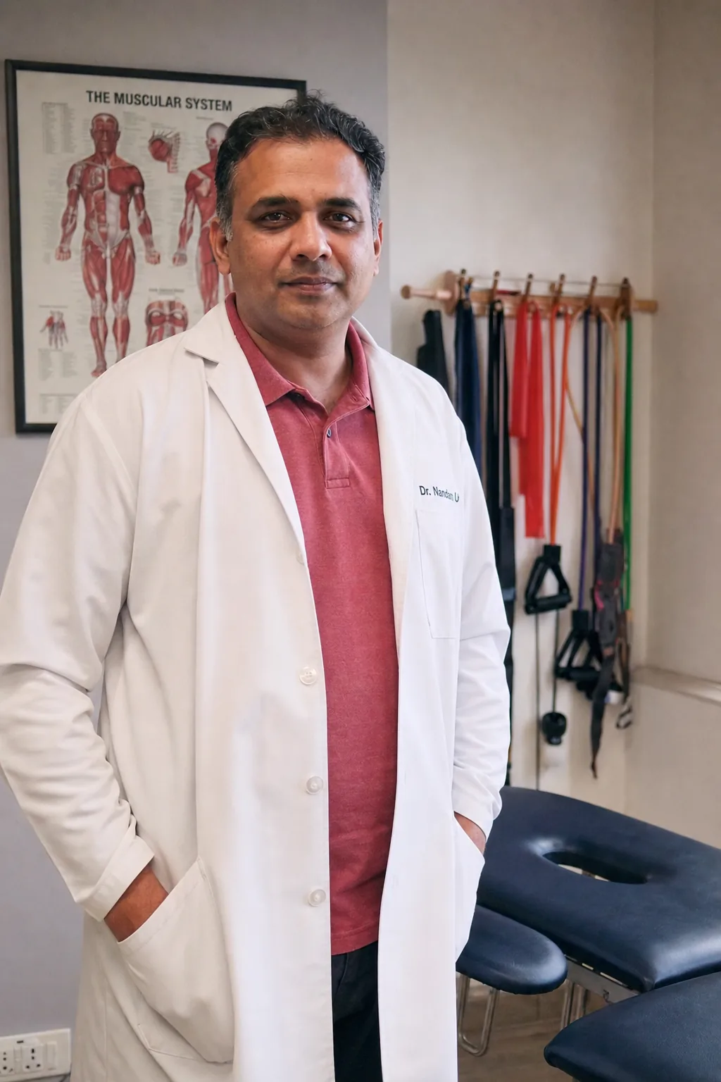 Dr Nandan Urs in a white coat over a madder rose polo, standing beside a treatment couch in his Mysuru clinic.