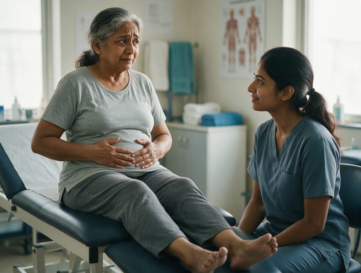 A woman seated on a treatment couch resting both hands on her abdomen while a physiotherapist talks her through diaphragmatic breathing
