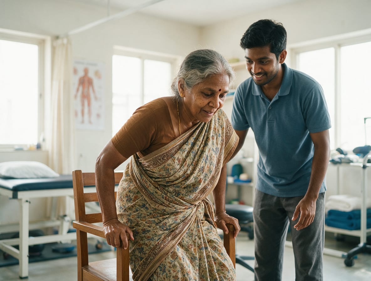An elderly woman in a saree pushing up from a wooden chair while a physiotherapist stands beside her