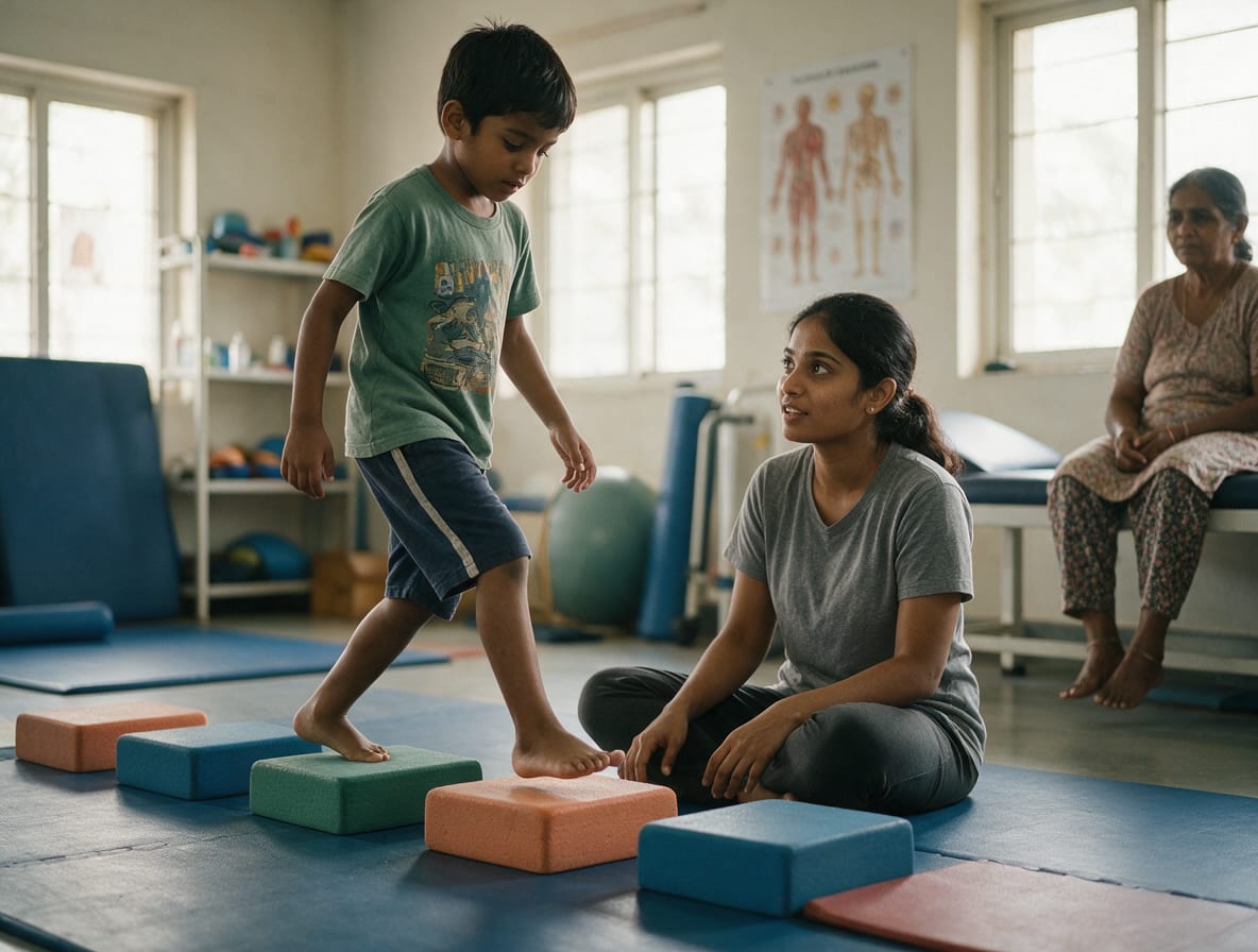 A young boy stepping along a line of coloured foam blocks while a physiotherapist sits on the mat beside him and his grandmother watches from the couch