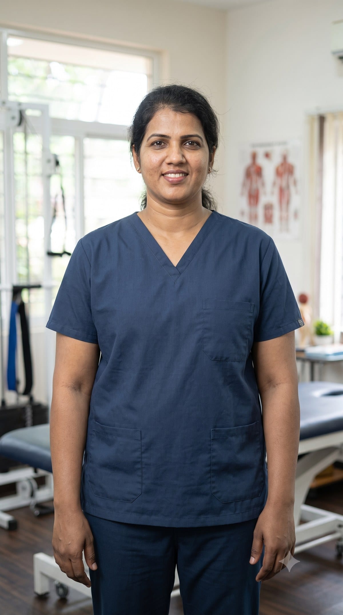 Vidhya Raghunathan in navy scrubs, standing in the clinic exercise room