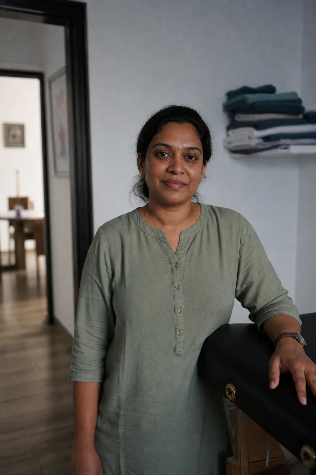 Dr Sailaja Bandaru standing beside a treatment couch in the clinic, looking at the camera.