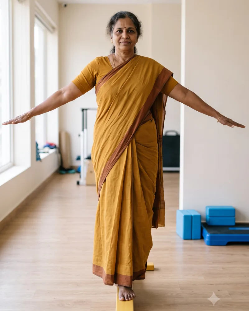 A woman walking a low balance beam with her arms out, eyes fixed ahead.