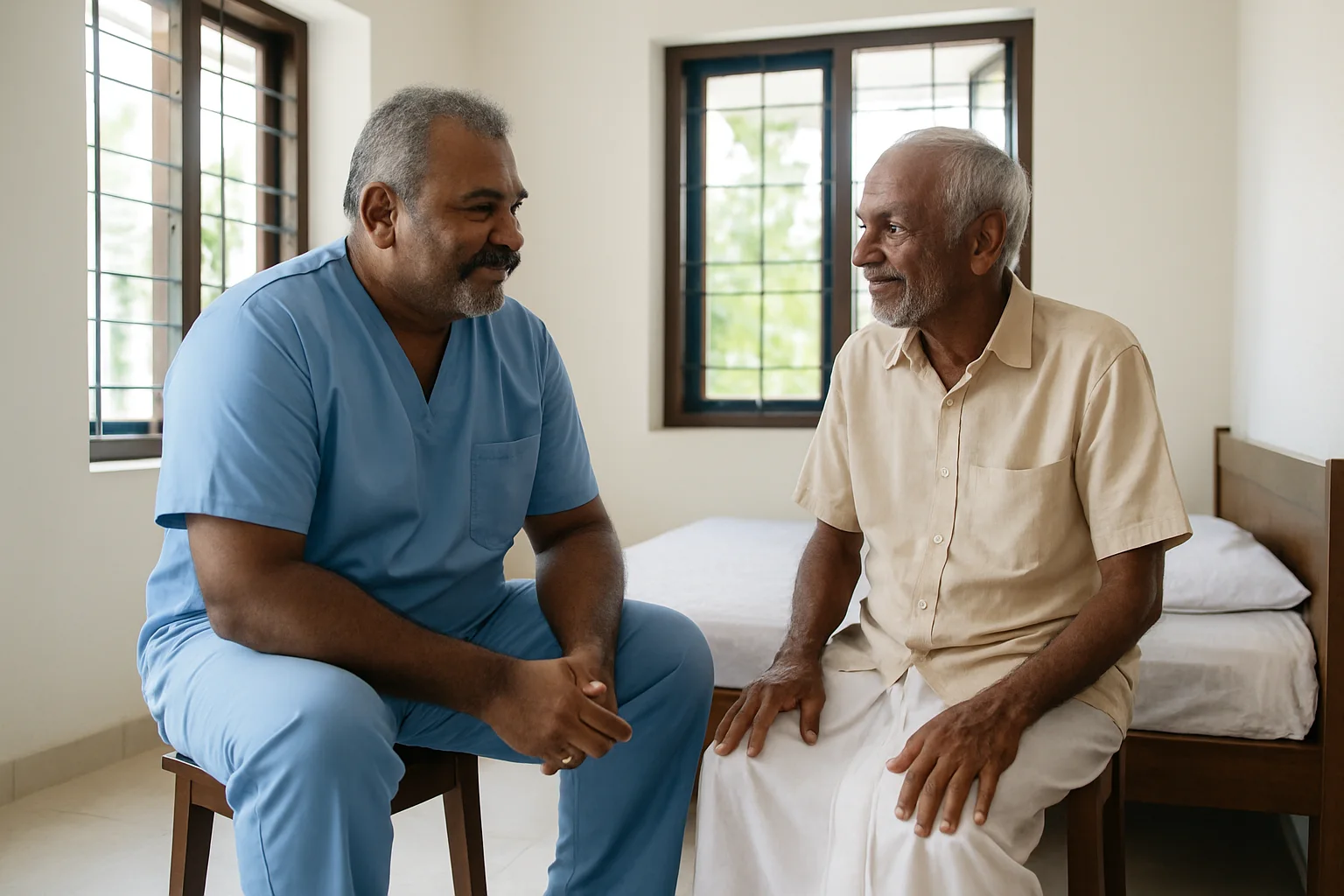 A physiotherapist seated on a low stool in a Kochi home, talking with an older man sitting on the edge of his cot.