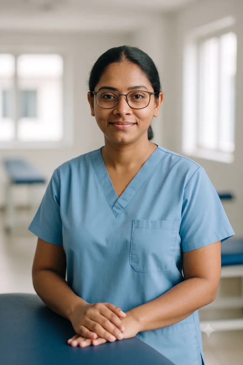 Sreelakshmi Nair standing at a treatment plinth in the clinic, looking at the camera.