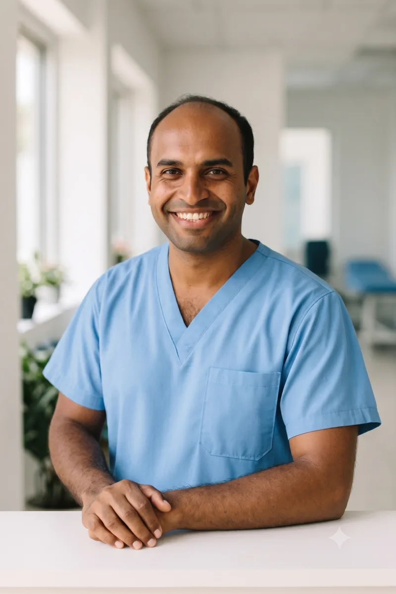 Joseph Chandy leaning on the reception counter in light blue scrubs, smiling at the camera.