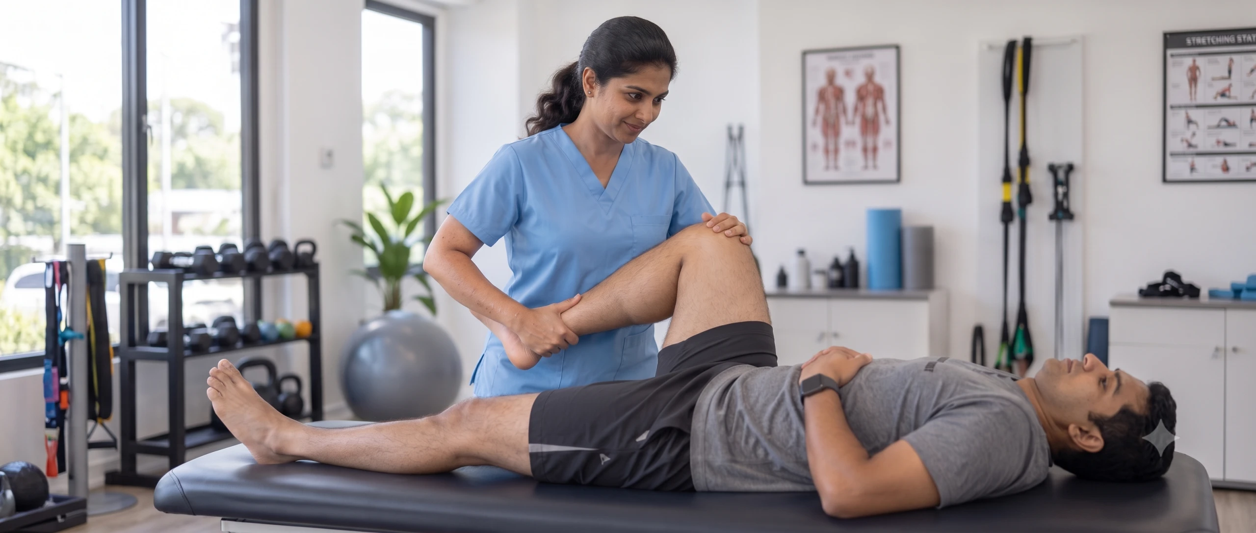 A physiotherapist bending a patient's knee through range on the treatment couch, one hand under his calf while he lies flat with his hands on his stomach.