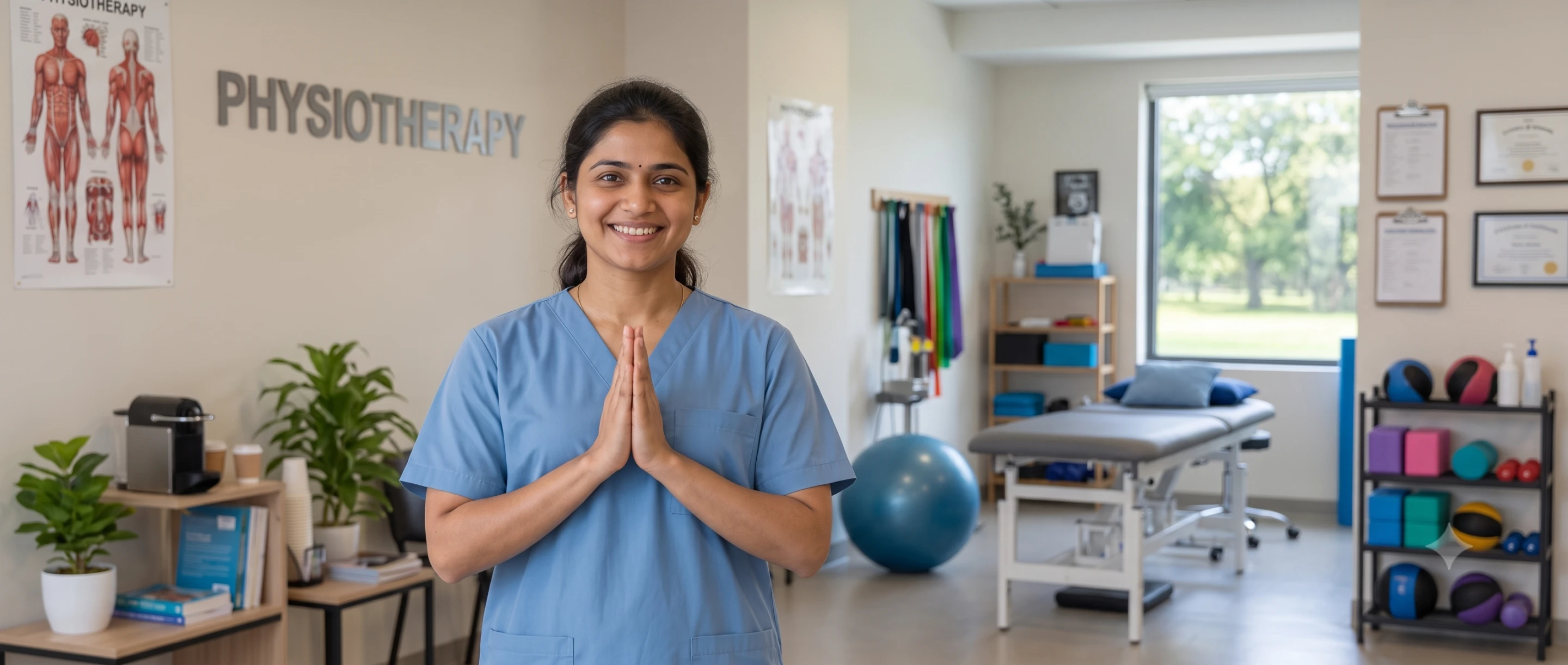 A physiotherapist standing in the clinic with her hands folded in greeting, an anatomy chart, a treatment couch and a rack of therapy balls behind her.