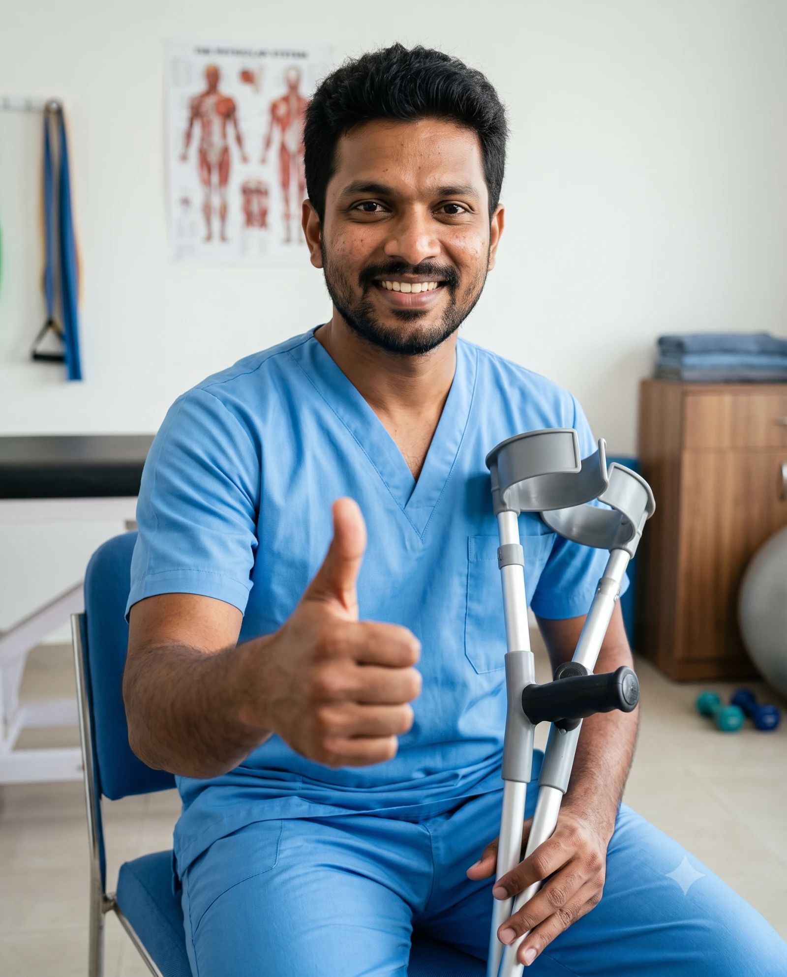 A man seated in the clinic with a pair of elbow crutches resting against his knee, holding a thumbs up to the camera.